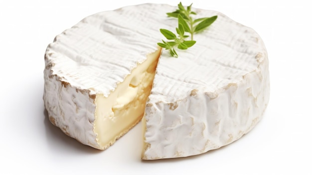 Closeup realistic photo featuring a soft camembert cheese against a white background Generative AI