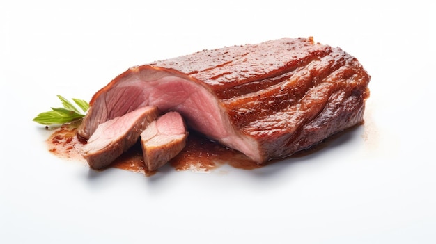 Closeup realistic photo featuring a tender duck breast piece against a white background Generative AI