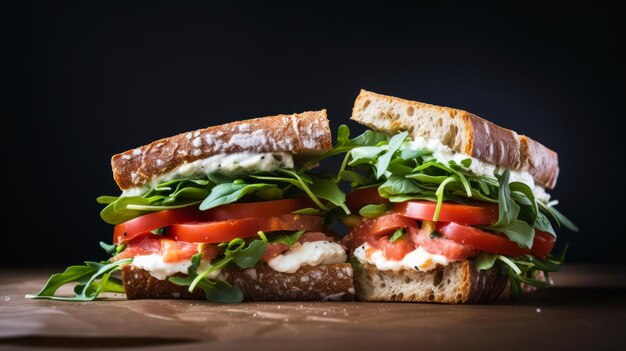 Closeup realistic photo featuring a vegetarian caprese sandwich on a white background Generative AI