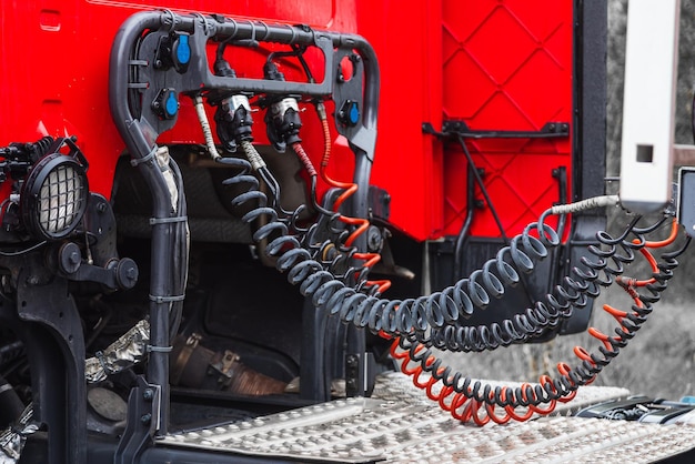 Closeup of the rear of the red cab of the truck