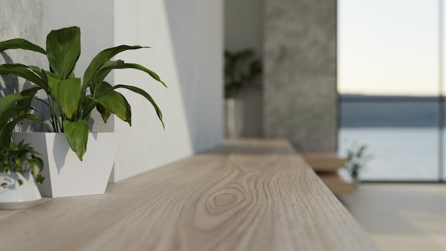 Closeup rear view image of a copy space on a wooden tabletop in a modern room