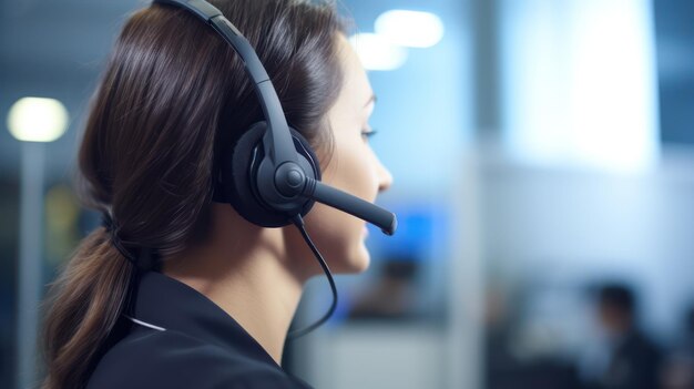 Closeup of rearview call center wearing headset