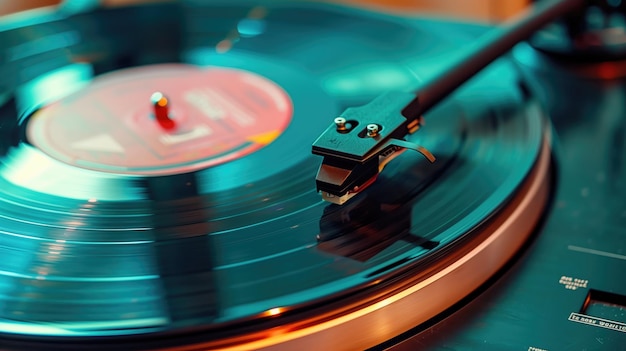 Closeup of a record player needle on a vibrant vinyl disc