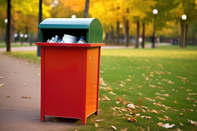 Closeup of a recycling bin at a park