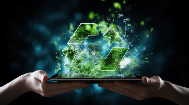 Closeup of a recycling symbol from a tablet on a black background Reuse icon green technology