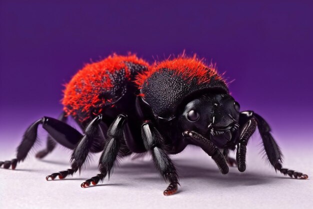 Closeup of a red ant isolated on a purple background