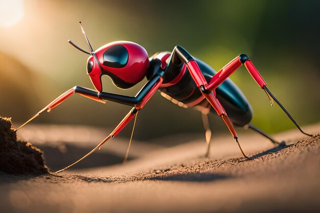 Closeup of a red ant with black legs standing on the sand