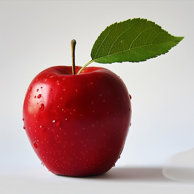 CloseUp of Red Apple with Leaf in White Background