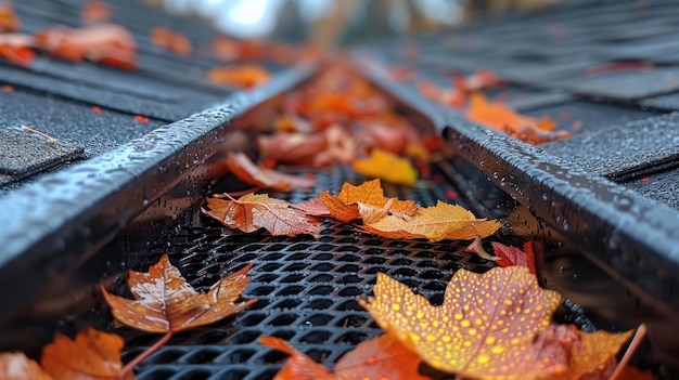 Closeup of red autumn leaves on house gutter guard