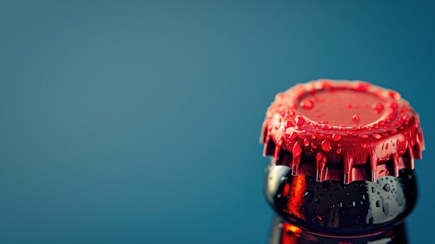 Closeup of a red beer bottle cap covered in water droplets against a blue background