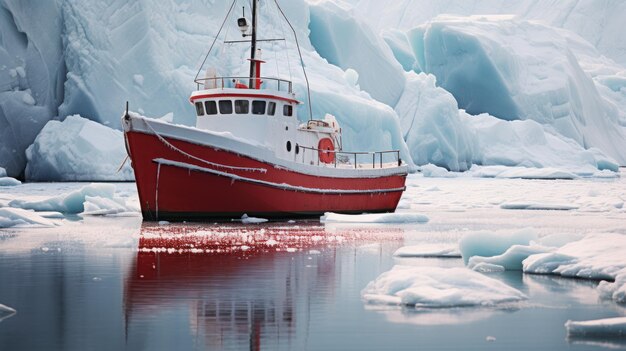 Closeup Red boat winter in the ice ocean