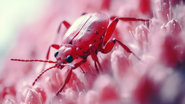 花 の 上 に ある 赤い 虫 の クローズアップ