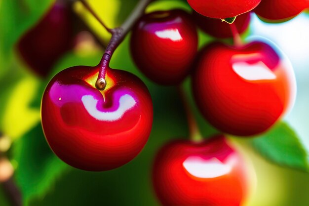 Closeup of red cherries on a branch