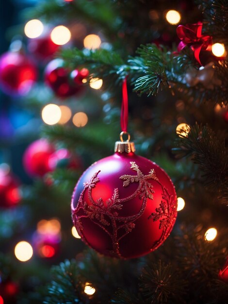 Closeup for a red Christmas ball in a tree