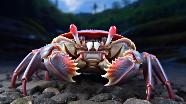 Closeup of a red crab on a rock in the ocean