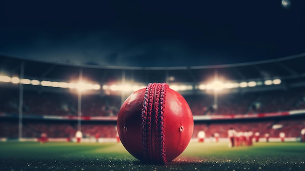 Closeup of red cricket ball in stadium Generative Ai