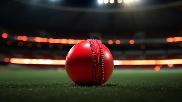 Closeup of red cricket ball in stadium Generative Ai