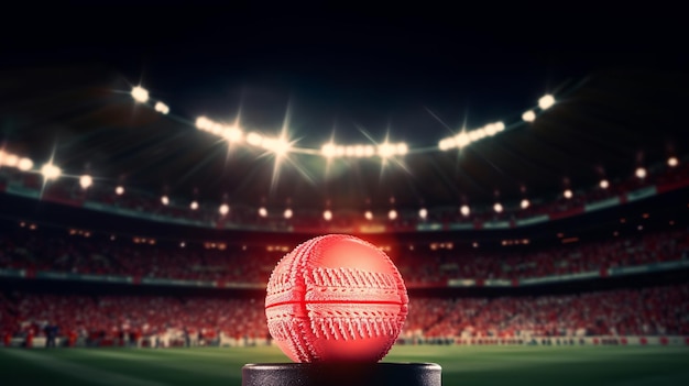 Closeup of red cricket ball in stadium Generative Ai