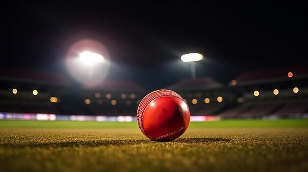 Closeup of red cricket ball in stadium Generative Ai