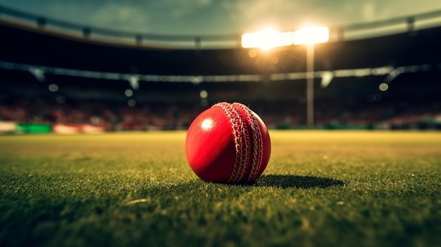 Closeup of red cricket ball in stadium Generative Ai