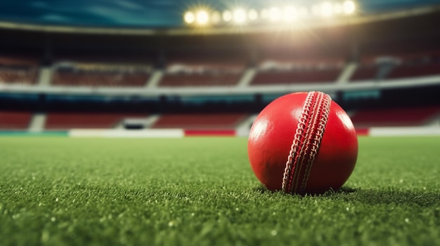 Closeup of red cricket ball in stadium Generative Ai