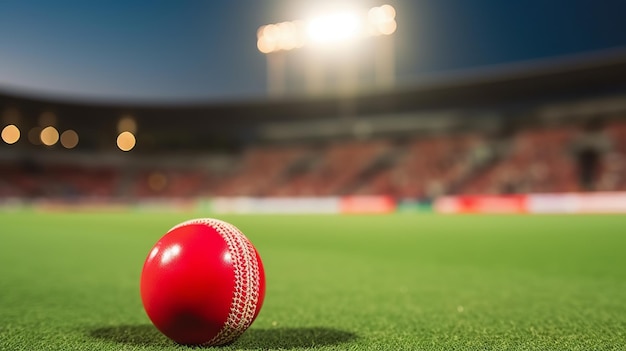 Closeup of red cricket ball in stadium Generative Ai