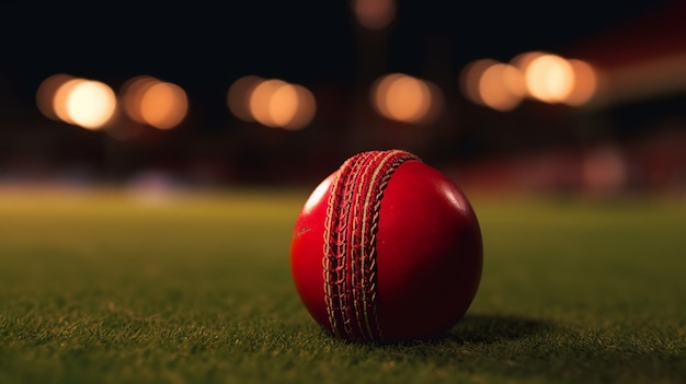 Closeup of red cricket ball in stadium Generative Ai