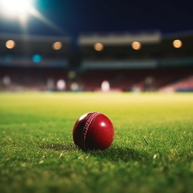 Closeup of red cricket ball in stadium Generative Ai