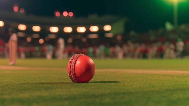 Closeup of red cricket ball in stadium Generative Ai