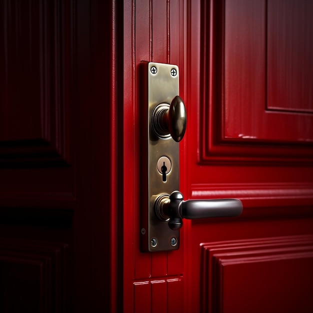 CloseUp of Red Door with Handle and Lock AI