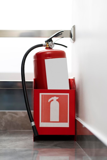 Primo piano dell'estintore rosso nello spazio della copia della camera antincendio di emergenza per la sicurezza della vita