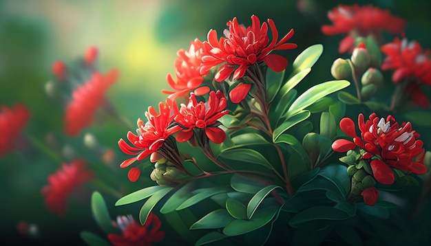 Closeup of red flowers with a blurred green background Generative AI