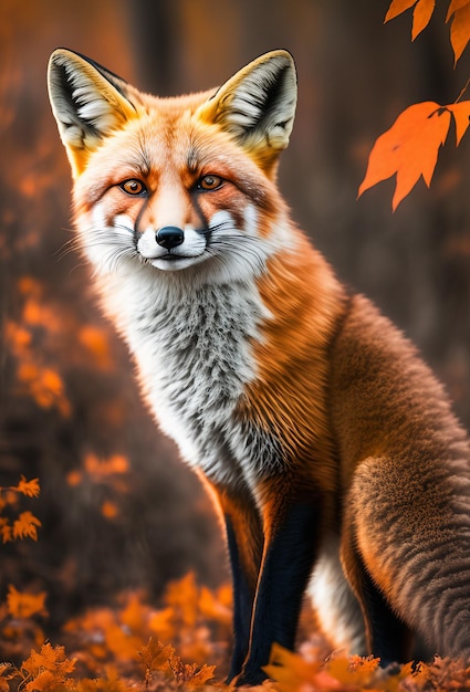 Крупный план рыжей лисы в осеннем лесу