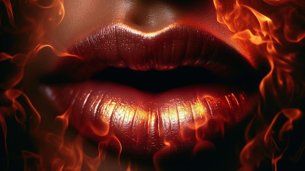 Photo closeup of red glossy lips with flames wrapping around them fiery and passionate aesthetic