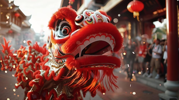 A closeup of a red and gold Chinese lioncostume with a blurred background of a crowd of people and a street with red lanterns