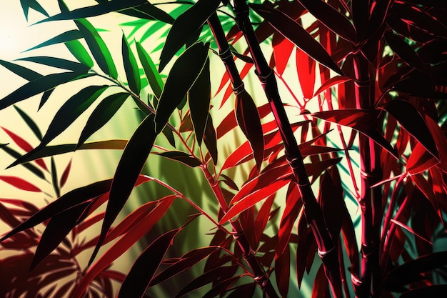 Closeup of red and green bamboo trees with sunlight filtering through the leaves