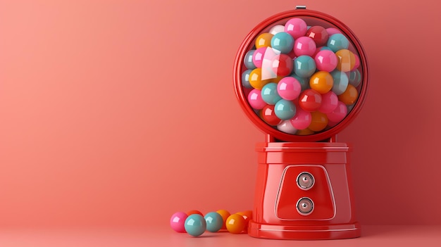 A closeup of a red gumball machine against a pink background The glass dome is filled with colorful gumballs