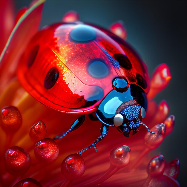 Closeup red ladybug on red flower blossom Created with Generative AI technology