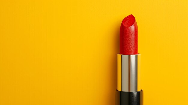 Closeup red lipstick on a yellow background in beauty industry photography style