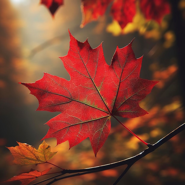 A closeup of a red maple leaf with veins and spots detaching from a branch