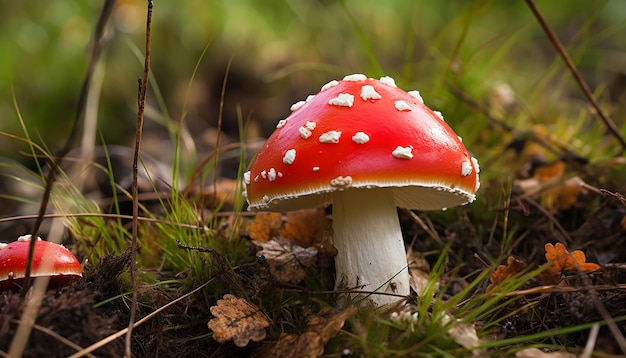 Closeup of red mushroom with white spots