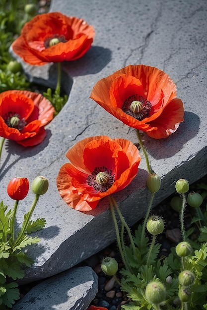 Photo closeup of red poppy flowers with morning dew on granite stone memorial day card template