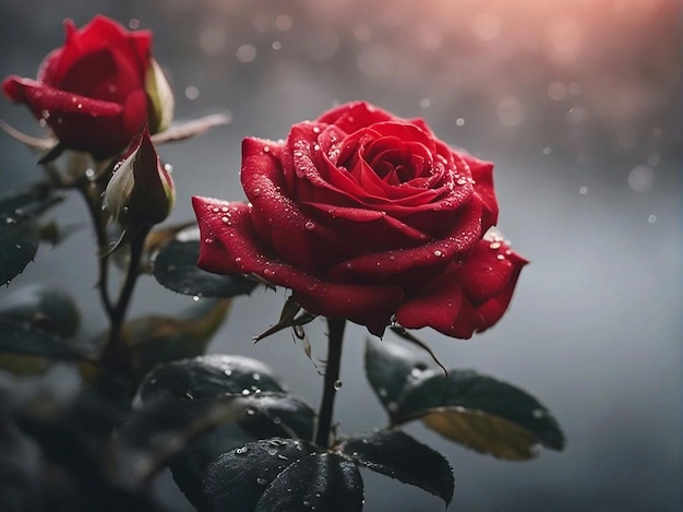 Closeup of red rose on a background of nature generated Ai