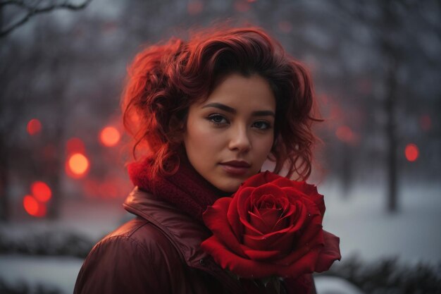 A closeup of a red rose blooming in a garden with a dark blurry background