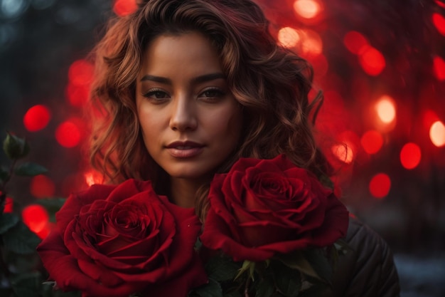 A closeup of a red rose blooming in a garden with a dark blurry background