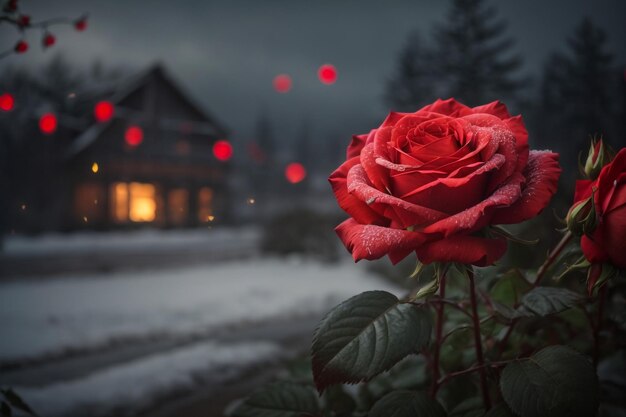 A closeup of a red rose blooming in a garden with a dark blurry background