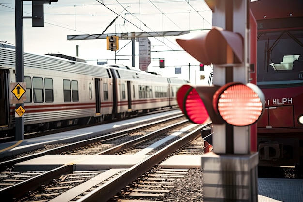 Closeup of red stop sign and crossbar on a train crossing with the cars in the background