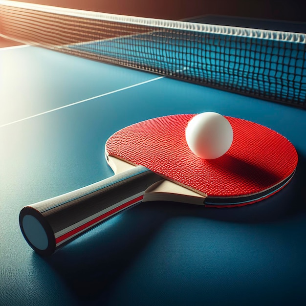 Closeup red table tennis racket and a white ball on the blue ping pong table