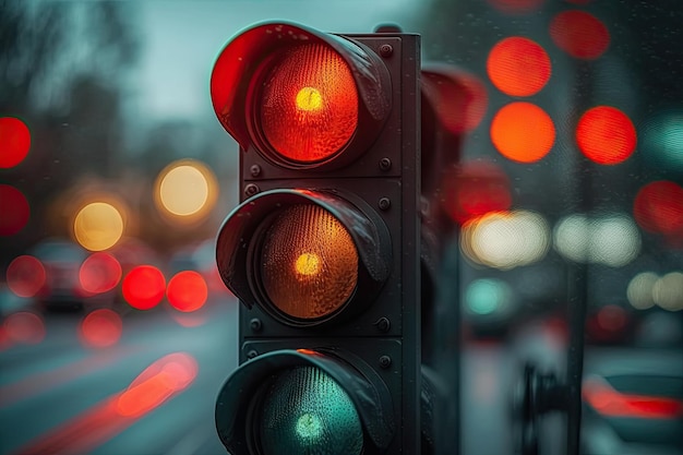 Closeup of red traffic light with blurred background of moving cars