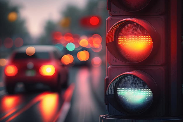 Photo closeup of red traffic light with blurred background of moving cars